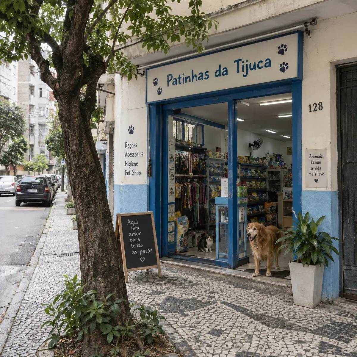 Fachada da Patinhas da Tijuca em uma rua arborizada do bairro