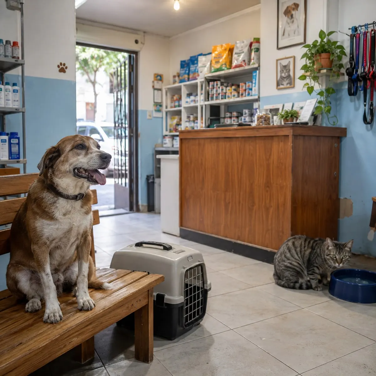 Recepção do pet shop com banco e caixa de transporte
