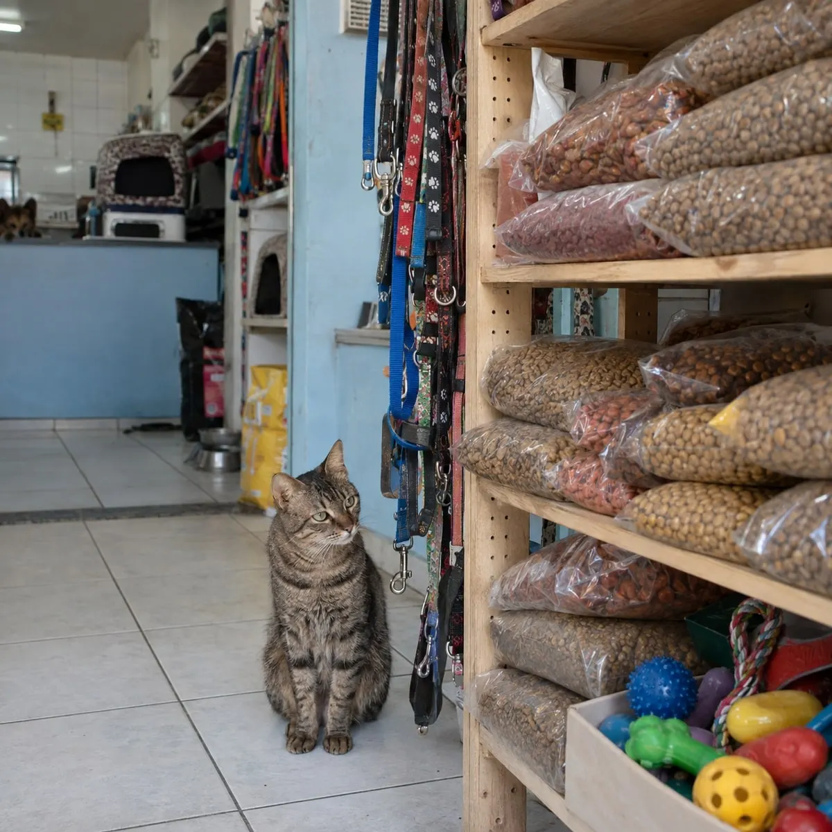 Prateleiras com rações, acessórios e um gato