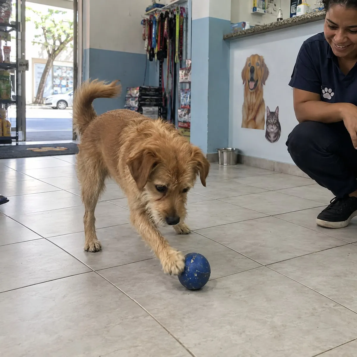 Cachorro caramelo brinca com uma bolinha na recepção