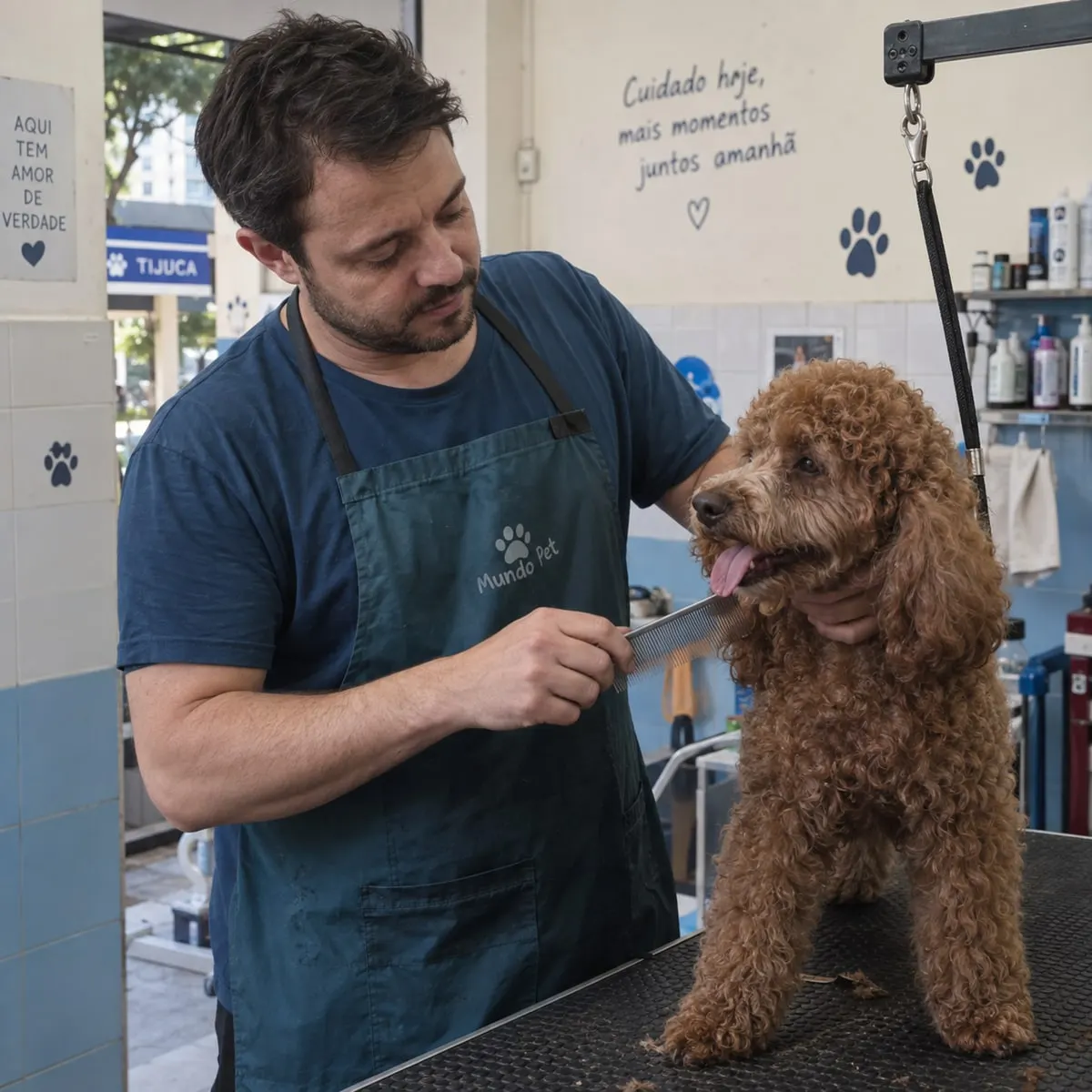 João com um cachorro de pelo cacheado