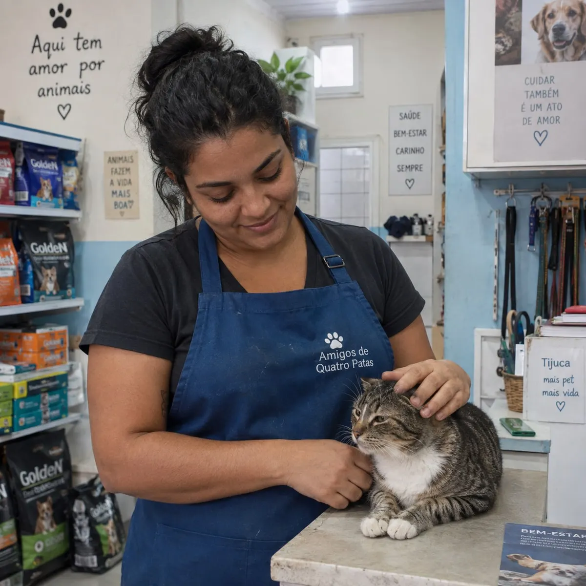 Aline interage com um gato no pet shop