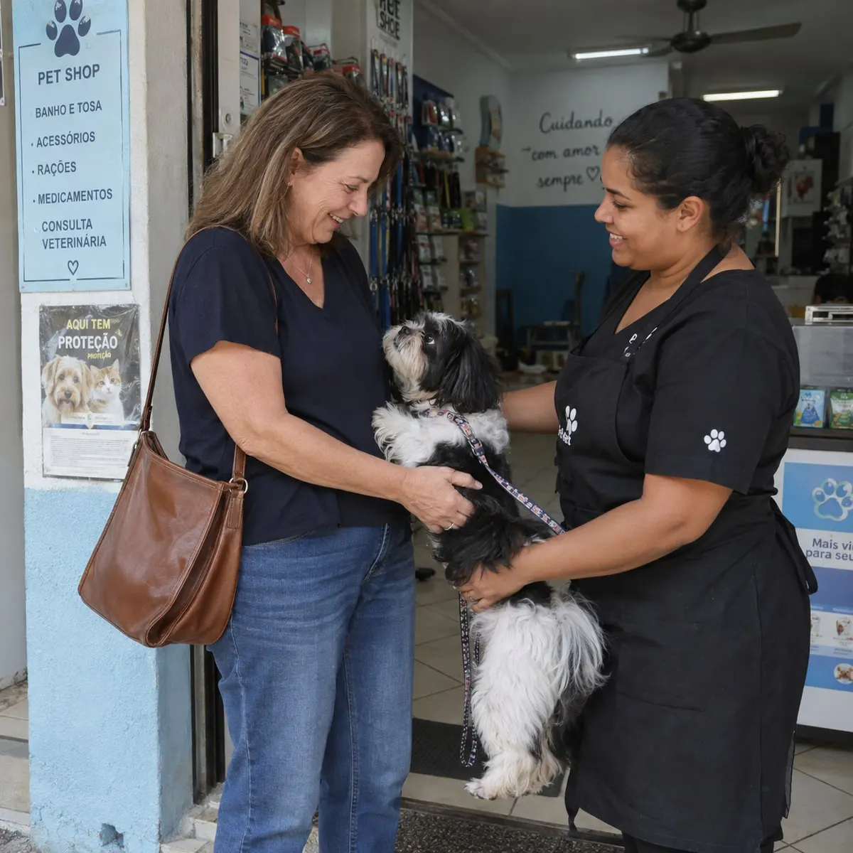 Tutora recebe seu shih tzu na porta do pet shop