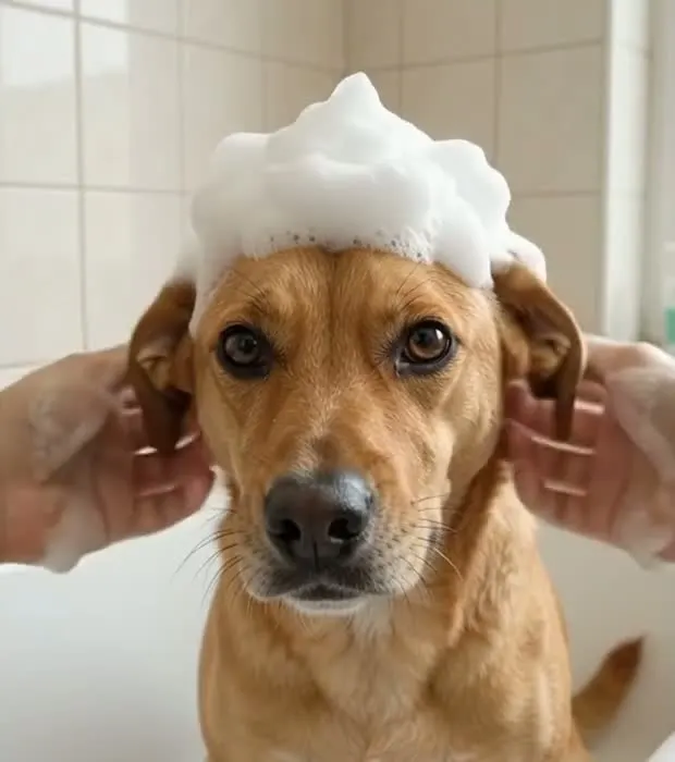 Cachorro recebendo um banho de espuma