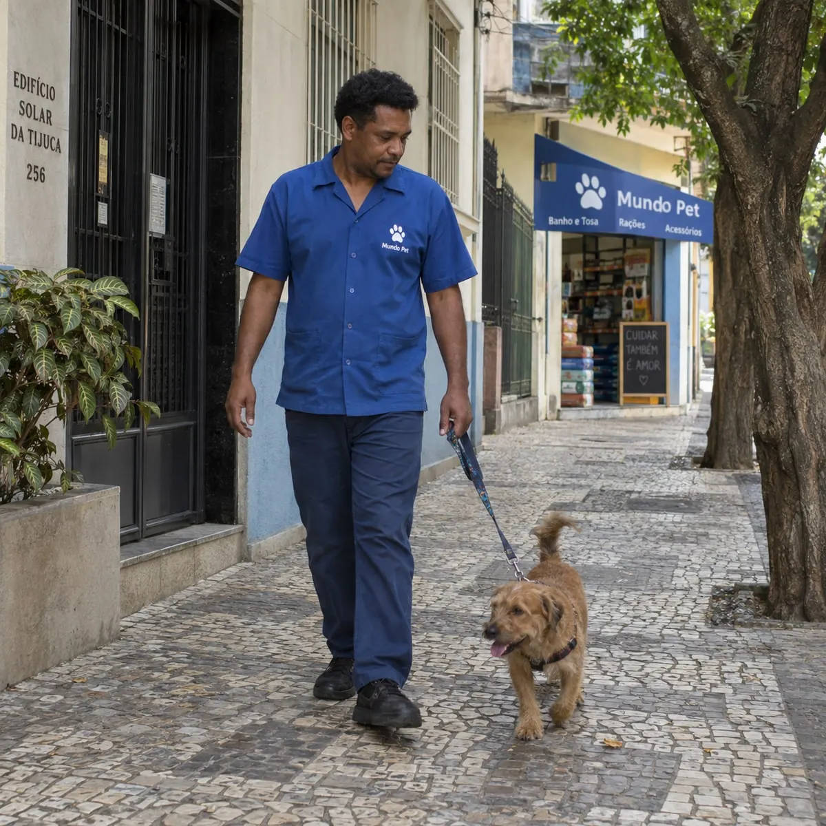 Profissional passeia com um cachorro na calçada de uma rua da Tijuca